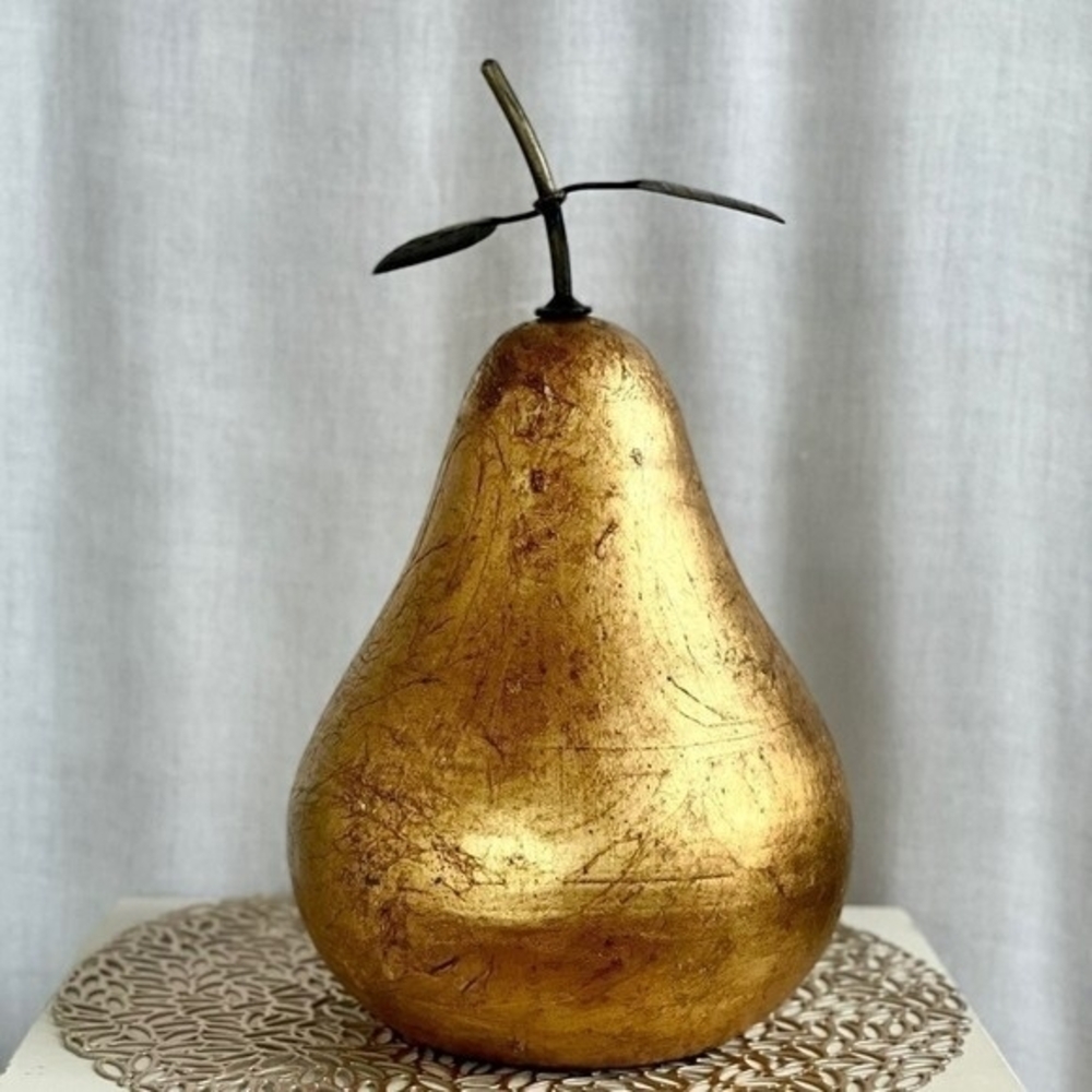 Vintage Italian Gold Porcelain Pear Sculpture Figurine Metal Leaves 16" 1970s VG